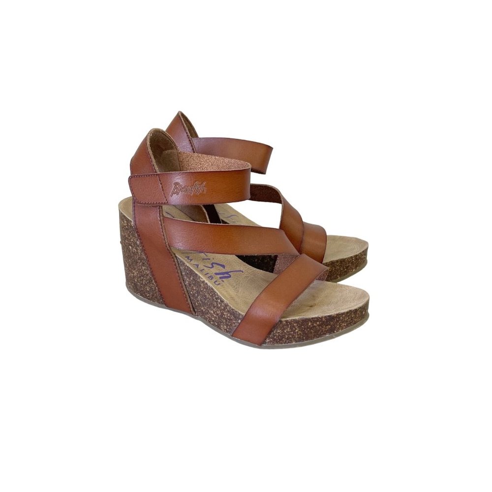 Blowfish Malibu Hapuku Brown Faux Leather Open Toe Wedge Sandal Shoes Womens 7.5